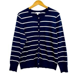 Charter Club Cardigan Womens Size XL Blue Striped Faux Pearl Button Long Sleeve
